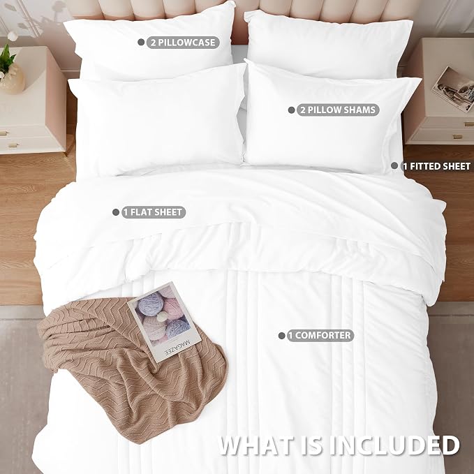 Queen Comforter Set White - Bed in a Bag Queen Size 7 Pieces, Soft Bedding Set for All Seasons, Premium Queen Comforter Set with Comforter, Sheets, Pillowcases & Shams
