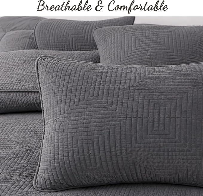 Cozy Line Home Fashions 100% Cotton Quilt Set, Charcoal Gray, Queen | 3-Piece, Geometric Basketweave Quilted Bedspread with Shams, Lightweight, All Season, Modern Bedding