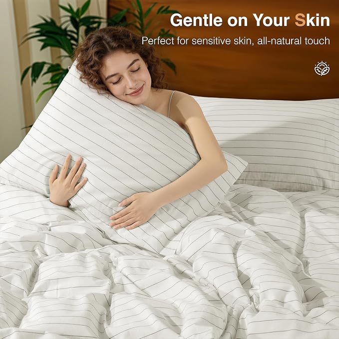 SONORO KATE 100% French Linen King Duvet Cover Set,Zipper Closure,3PC | Natural French Flax,Soft Breathable for Hot Sleepers,Moisture Wicking & Durable,4 Corner Ties,White & Dark Grey Stripes