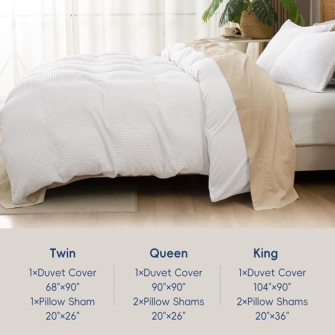 David's Home Soft Textured Waffle Weave Duvet Cover Set, King Size, White | Breathable Cozy for All Season, 300GSM, 3PCS Home Bedding Decor, OEKO-TEX Certified, Hidden Zipper, 8 Corner Ties, 104" X 90"