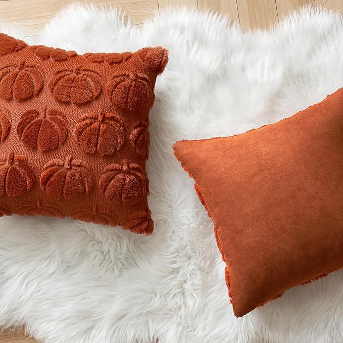 MIULEE Fall Pillow Covers Pumpkin Fall Decor 18x18 Rust | Set of 2 Fall Decorations for Home, Plush Faux Fur Farmhouse Accent Pillowcases, Porch Sofa Couch Cushion Bed Livingroom