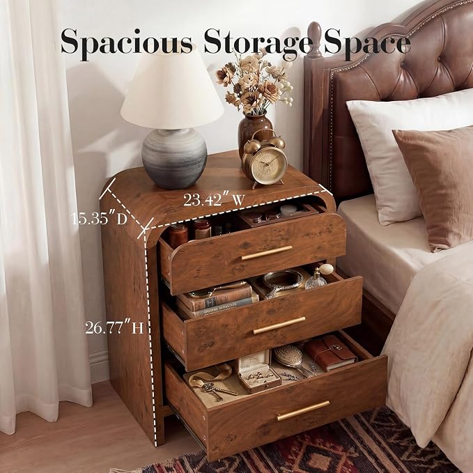 Night Stand Set of 2, 3-Drawer | [Curved Profile] [FSC-Certified Wooden Board] Nightstand 26.7"H Metal Handle Modern Bedside Table Side Table End Table