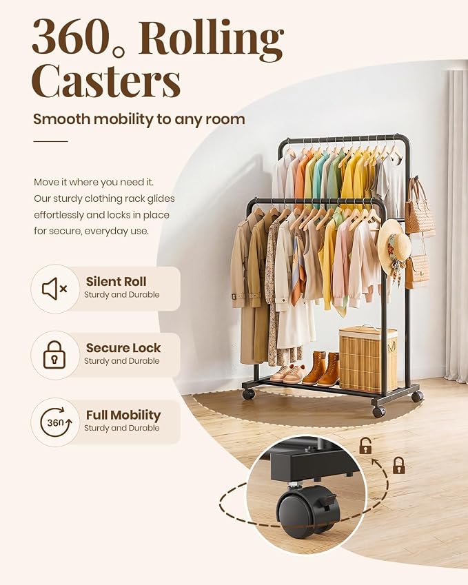 Delamu Clothes Rack Double Rods, Black, 65''Hx32''W | Clothing Racks for Hanging Clothes With Rolling Wheels, Hooks, Metal Garment Rack, Portable Wardrobe, With Shelfs,for Bedroom