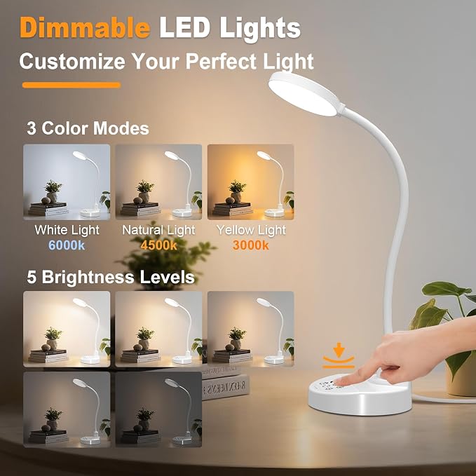 15W LED Desk Lamp with USB Charging Ports – Dimmable Table Lamp with 3 Color Temps, 5 Brightness, 4 Timers, Flexible Gooseneck Light with Base, Eye-Caring Reading Light for Home Office, Bedroom, Study