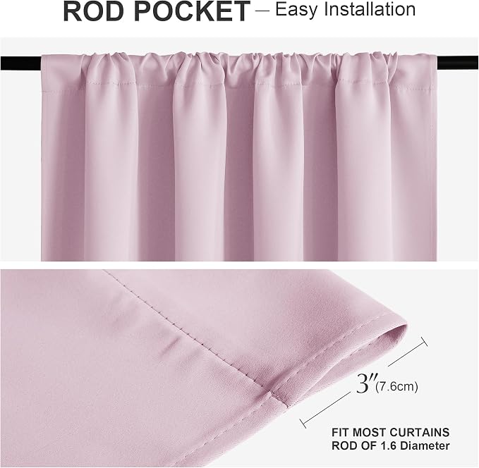 PONY DANCE Room Darkening Curtains - Kitchen Solid Thermal Draperies Rod Pocket Short Panels Drapes for Bedroom Window Treatments, 52 W by 54-inches L, Light Pink, Set of 2