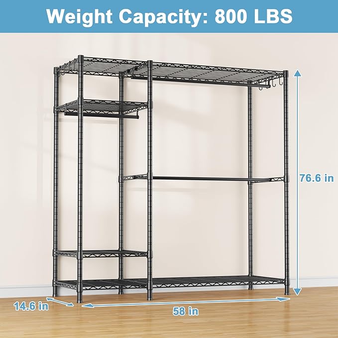 Ulif F7 Clothes Rack Heavy Duty, Clothing Racks for Hanging Clothes, Black | Garment Rack with Shelves, 6-Tiers Freestanding Portable Closet Storage Racks 58'' W × 14.6'' D × 76.6'' H, Max Load 800 Lbs