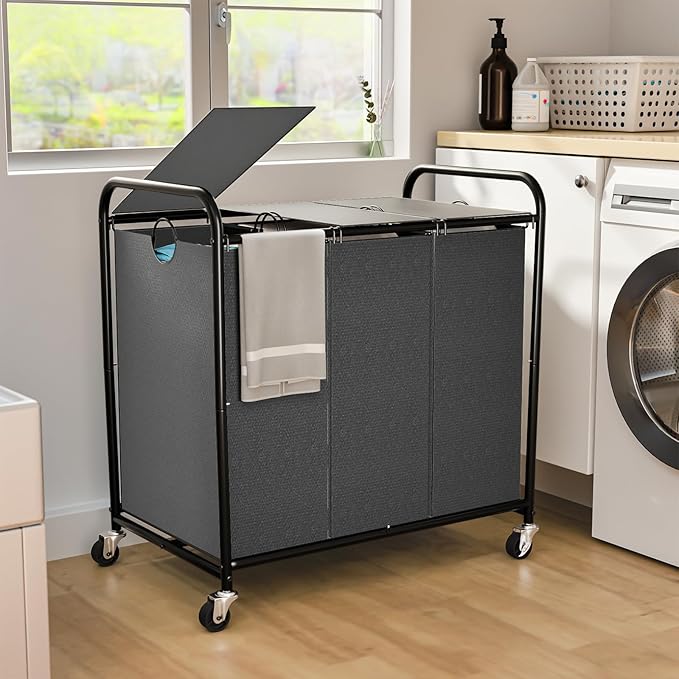 180L Laundry Sorter 3 Section, Rolling Laundry Basket with Wheels and Lid | 47.55 Gal Laundry Hamper, 3 Separated Removable Bags, Lockable Wheels, Dirty Clothes Hamper for Laundry Room Organizer, Grey