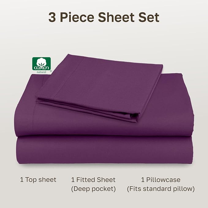 Soft Natural 100% Cotton Sateen Twin XL Sheet Sets, 3 Pcs, Purple Passion | Backed by Good Housekeeping Seal, Light & Breathable For Hot Sleepers, All-Around Elastic, Durable, Easy Care