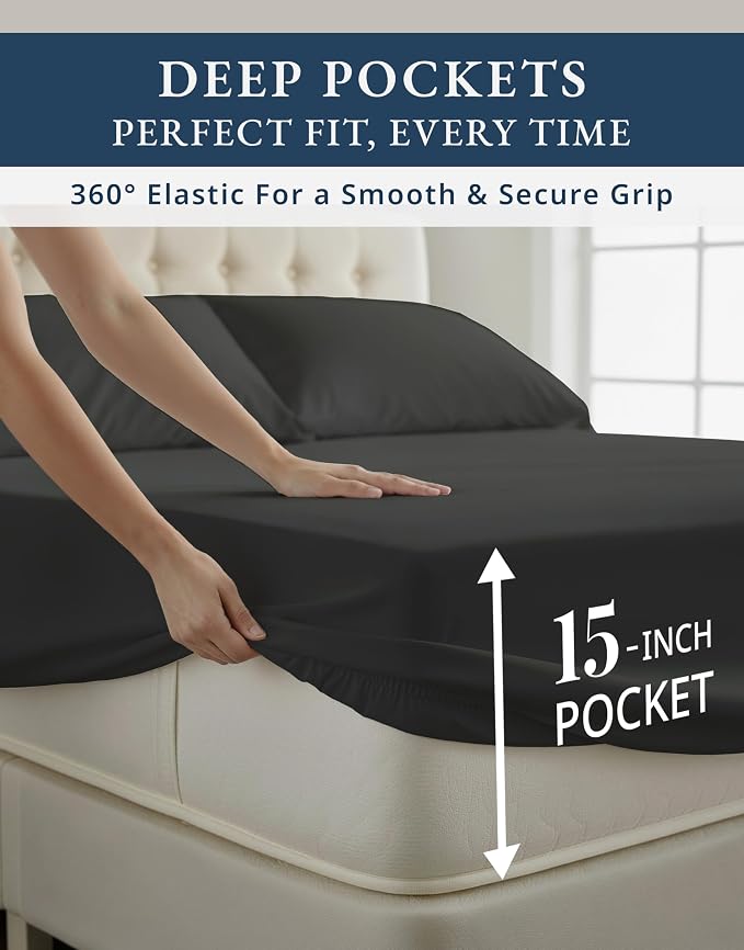 LANE LINEN Cali King Sheets Set 100% Egyptian Cotton Sateen - Black | Deep Pocket California King Sheet Set - 4-Piece Set, Long-Staple Egyptian Cotton, For A Cool, Restful Sleep, Plush