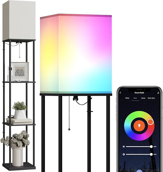 SUNMORY Floor Lamp with Shelves, Smart APP Control Standing Lamps with RGB Bulb, 4-Tier Dimmable Floor Lamps for Living Room, Tall Lamp for Bedroom, Office, Corner Display Bookshelf Lamp | Smart APP RGB Bulb, 4-Tier Dimmable Shelf Lamp, 63" Tall Corner...
