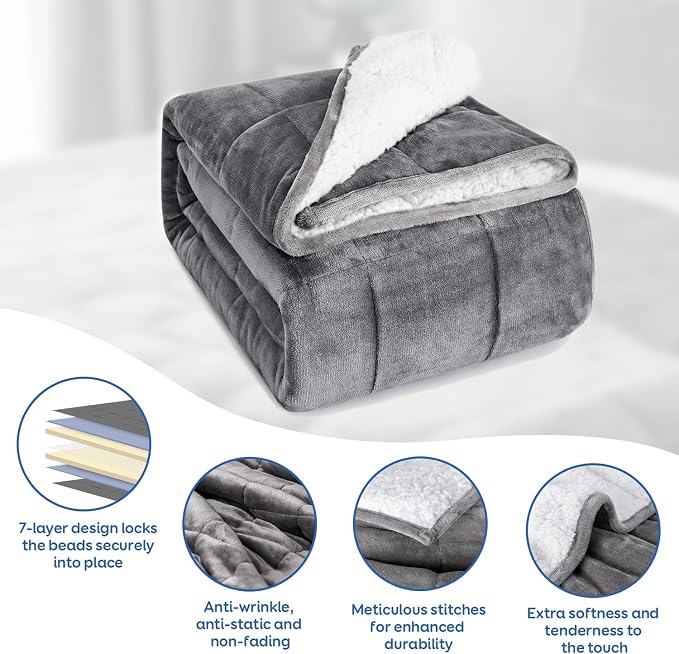 Cottonblue Sherpa Fleece Weighted Blanket 12lbs for Adults Twin Size 48x72 | Soft Cozy Flannel Weighted Blankets Throw for Sleep Calm Relax, Fuzzy Warm Bed Couch Heavy Blanket, Glass Beads, White Grey