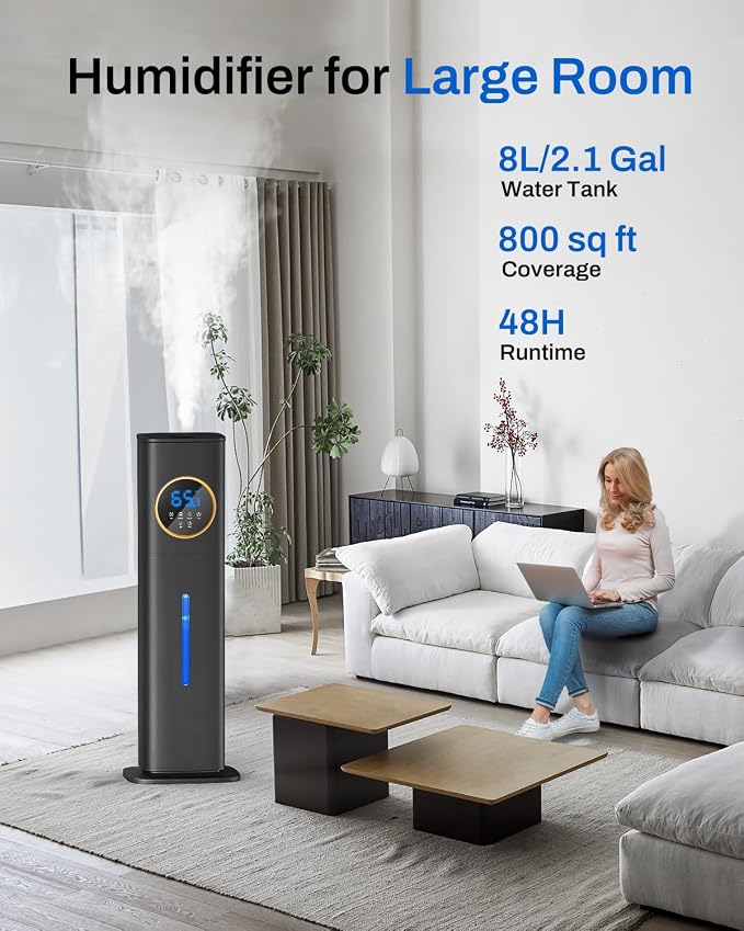 Lacidoll 8L Large Humidifier for Bedroom Large Room Home 800 sq ft, Black | 48H Top Fill Cool Mist Humidifier for Baby Nursery, Humidity Control, Night Light, Essential Oil Tray, Safe for Plants & Pets