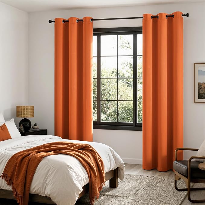 MIULEE Fall Orange 100% Blackout Curtains for Bedroom 90 Inch Length | 2 Thick Layers Thermal Insulated Window Curtains with Black Liner, Noise Reducing Grommet, Drapes for Living Room, 2 Panels