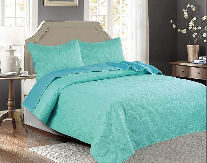 Legacy Decor 3 PCS Shell & Seahorse Reversible All Season Bedspread Quilt Coverlet Oversize, Turquoise Color, King Size