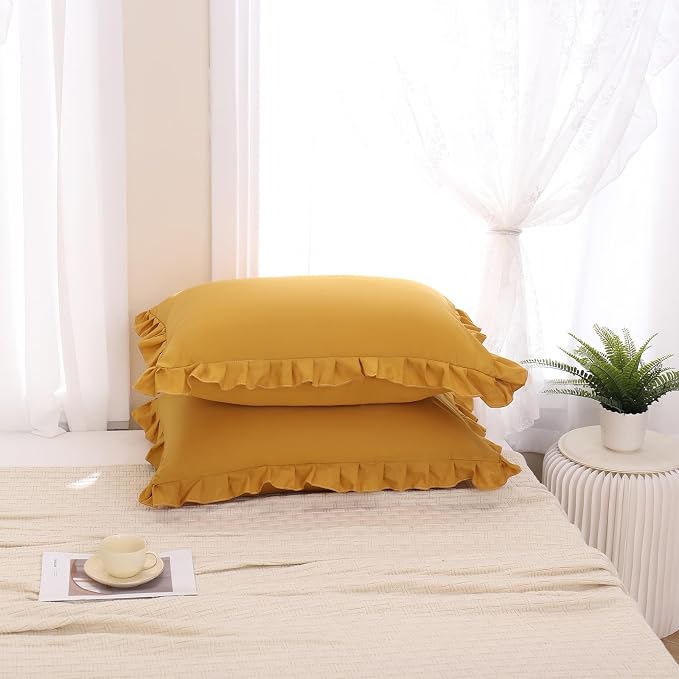 Merryword Mustard Yellow Pillowcases Standard Pillowcases 20x26inch Set of 2 Ruffle Pillow Shams Cute Pillow Covers Solid Yellow Shabby Chic Pillowcases