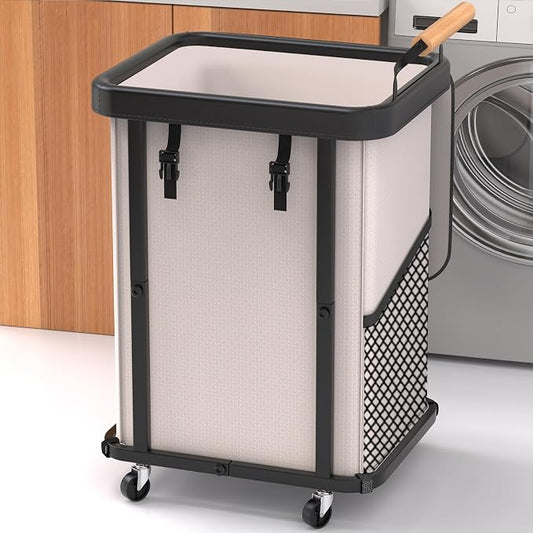 150L Laundry Basket with Wheels,Rolling Basket Hamper with Lid&Handle White | Laundry Organizer Storage Cart with Heavy Duty Sturdy Metal Frame for Home, Hotel, Laundry Room