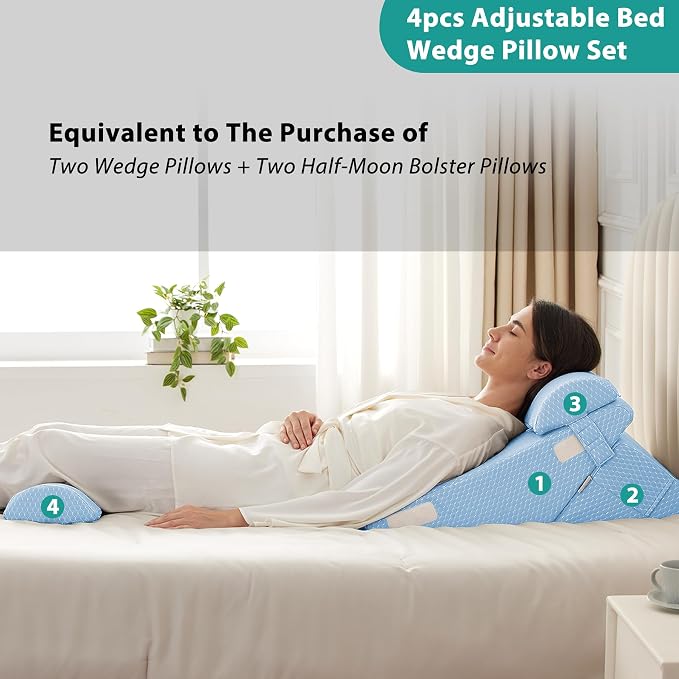 Adjustable 4pcs Bed Wedge Pillow Set, Memory Foam Wedges Pillow Post Surgery for Back, Neck, Leg Pain Relief, Pillows Wedge for Sleeping, Sitting up in Bed, Acid Reflux and GERD, Light Blue