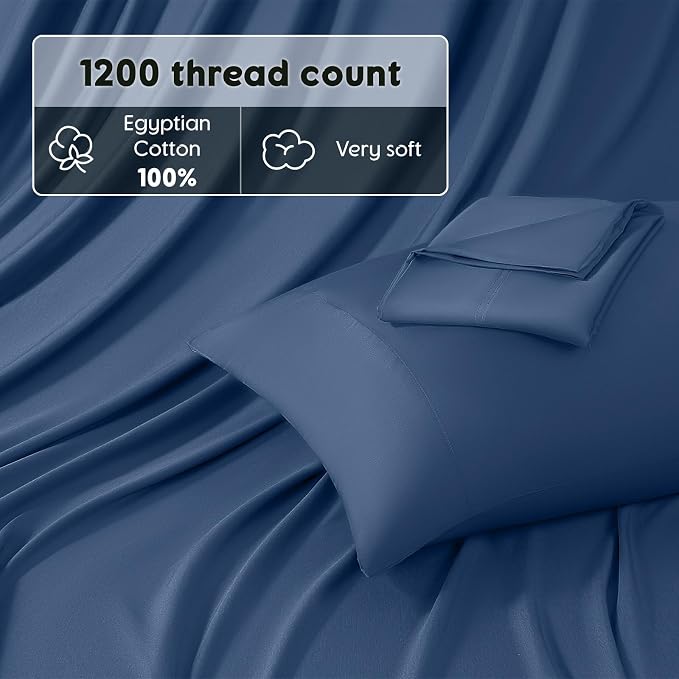 SONORO KATE 100% Egyptian Cotton Sheets,1200 Series,Queen Size | Soft Breathable & Cooling LuxuryHotel Cotton,Sateen Weave for Soft Feel,Fits Upto 16" Mattress,4PC,Navy Blue
