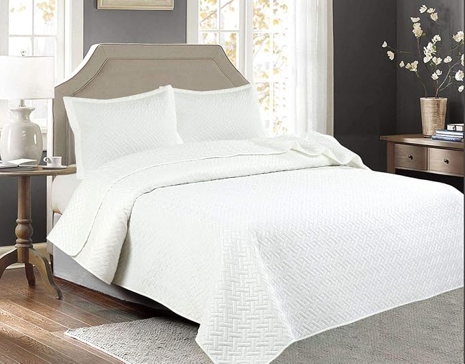 Legacy Decor 3 PCS Squared Stitched Pinsonic Soft Bedspread, Queen White | Oversized Queen Squared Stitched Coverlet, All Season, Oversized, White Color, 3 PCS Set, Bedspread Quilt Coverlet