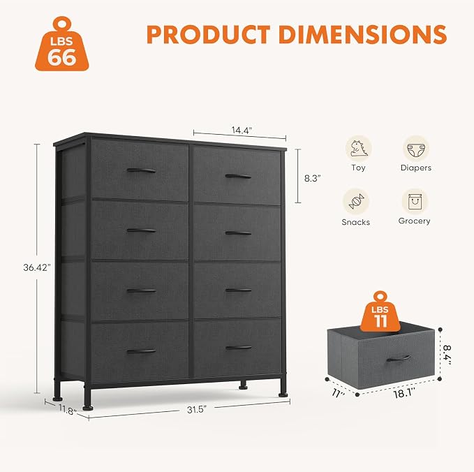 Sweetcrispy 8 Drawer Dresser with Fabric Bins for Bedroom Storage, Grey | Closet Organizer, Tall Chest of Drawers with Steel Frame and Wood Top, Easy Pull Handles, Hallway Entryway