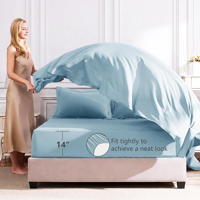 Full Size Comforter Sets Light Blue - 7 Pieces Complete Bedding Set | OEKO-TEX Certified, All Season, 240GSM Down-Alternative Comforter, Sheets, Pillowcases & Shams, 14" Deep Pocket, Easy Care