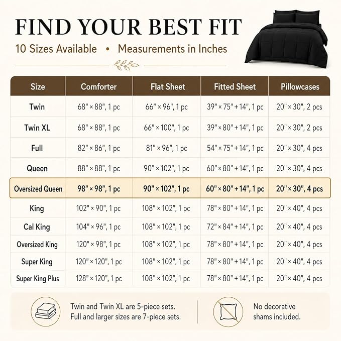 Oversized Queen Comforter Set Dark Grey - 7 Pieces Bed in a Bag | OEKO-TEX Certified, All-Season, Bedroom, Guest Room, Down-Alternative Comforter + Flat & Fitted Sheets + 4 Pillowcases