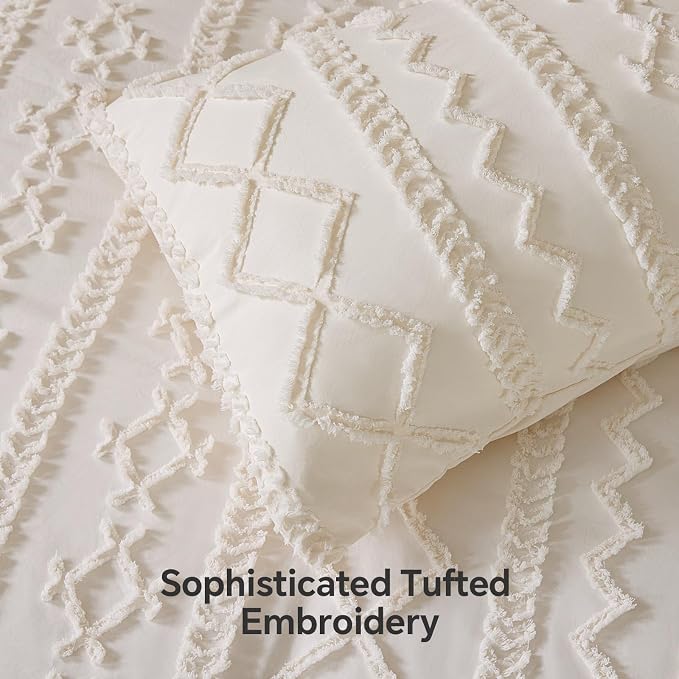 BEDELITE Full Comforter Set 7 Pieces,Boho Bed in a Bag,Cream White | Tufted Bed Set for All Seasons,Soft Farmhouse-Style Embroidery Bedding,Includes Flat & Fitted Sheets,2 Pillowcases & 2 Shams