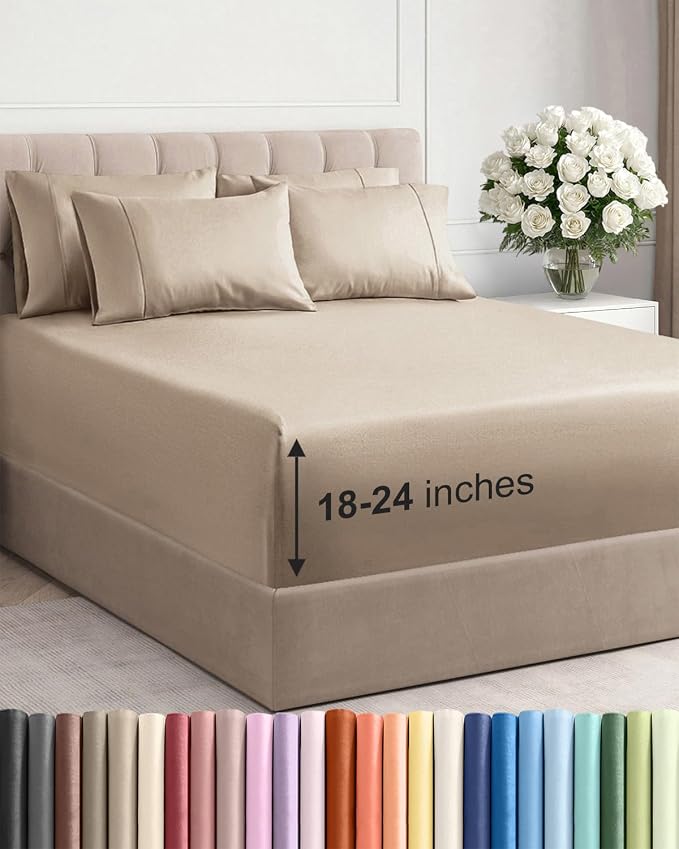 Extra Deep Full Sheet Set - 6 Piece Breathable and Cooling Sheets - Cream | Hotel Luxury Bed Sheets Set, Easy & Secure Fit, Ultra-Soft, Wrinkle & Fade Free, Comfy Sheets Set with Extra Deep Pockets