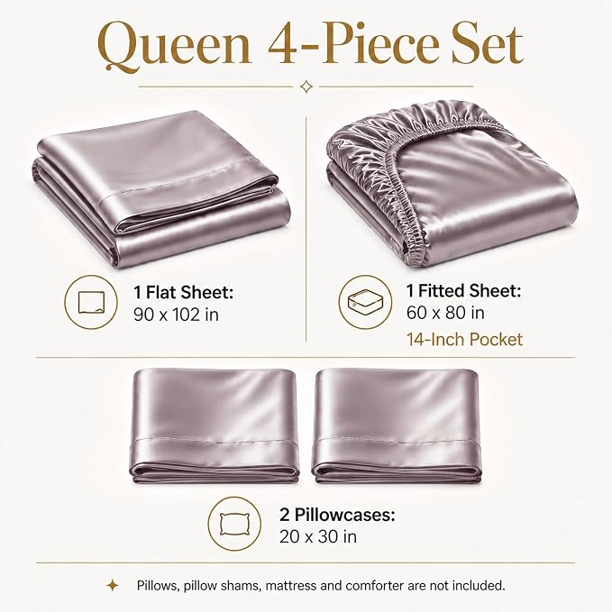 CozyLux Satin Sheets Queen, 4-Piece 14-Inch Deep Pocket Sheet Set | OEKO-TEX Certified Silky Soft Sheet Set for Hair &Skin, Luxurious Silky-Smooth Satin for Elegant Bedroom Decor, Dusty Purple