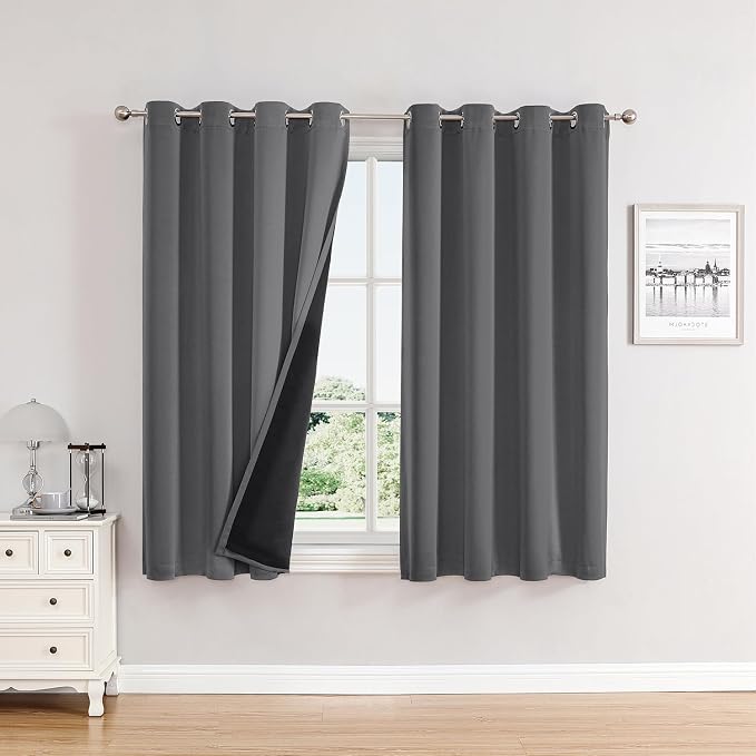 ChrisDowa 100% Blackout Curtains for Bedroom 2 Panels Set with Black Liner | 2 Thick Layers, Thermal Insulated, Light Blocking, Grommet, Window Treatment, Living Room Drapes, Grey, 52 x 54 Inch
