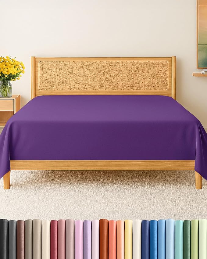 Queen Flat Sheet - Single Top Flat Sheet Only - Soft & Cooling - Purple | Hotel Luxury Top Flat Sheet Only, Ultra-Soft, Breathable & Cooling, Fade & Wrinkle Free, Easy-Care, Stain & Shrink Resistant
