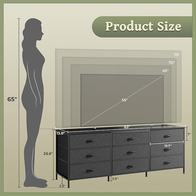 Huuger 63 Inch Dresser for Bedroom, Dresser for Closet with 9 Fabric Drawers, Large TV Stand for 55, 65, 70 Inch TV, Entertainment Center with Storage, Wide Long Chest of Drawers, Black