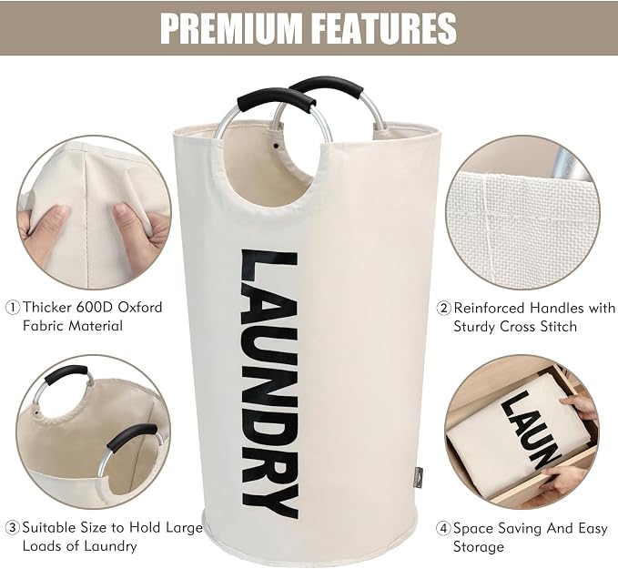 DOKEHOM 125L X-Large Laundry Basket Bag, Collapsible Tall Hamper, Beige | Freestanding tall washing bin & foldable laundry bag. Extra large clothes storage basket with durable sturdy handles