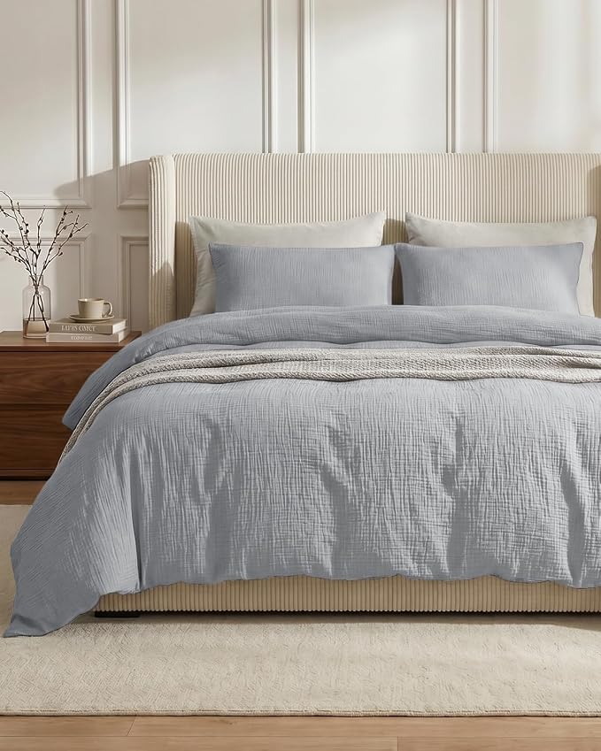 SE SOFTEXLY Muslin Duvet Cover Queen Size, 100% Washed Cotton Duvet Cover Set, Ultra Soft Comforter Cover Linen Like, 3 Pieces Minimalist Gauze Duvet Cover with 2 Pillowcases, 90"x90", Light Grey