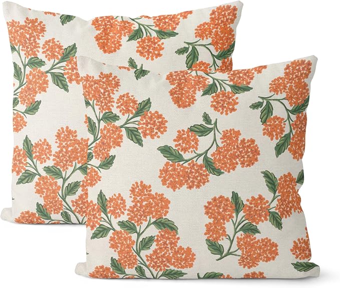 Fall Burnt Orange Pillow Covers 24x24 Inch 2 Pcs Green Hydrangea Flower Decor Throw Pillows Vintage Floral Seasonal Autumn Outdoor Decoration Pillowcase Linen Cushion Cover for Couch Sofa
