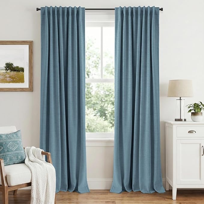 INOVADAY 100% Blackout Linen Curtains for Bedroom 50x108 Inches Slate Blue | Linen Textured, Light Blocking, Room Darkening, Thermal Insulated, Back Tab Top, Window Curtains for Living Room, 2 Panels