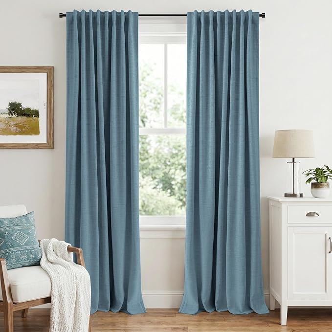 INOVADAY 100% Blackout Linen Curtains for Bedroom 50x84 Inches Slate Blue | Linen Textured, Light Blocking, Room Darkening, Thermal Insulated, Back Tab Top, Window Curtains for Living Room, 2 Panels