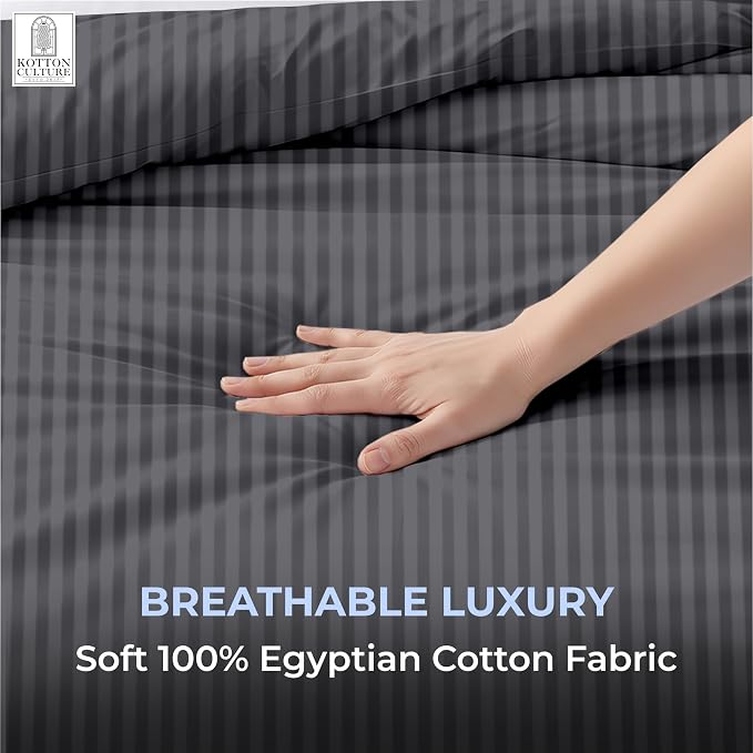 1 Pc Twin Size Duvet Cover Only -100% Egyptian Cotton 600 TC Ultra Soft Premium Durable Comforter Cover Zipper Closure & Corner Ties (Striped Dark Grey, Twin/Twin XL 68" X 90")