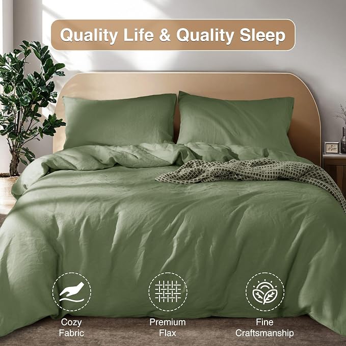 SONORO KATE 100% French Linen Queen Duvet Cover Set,Zipper Closure,3PC | Natural French Flax,Soft Breathable for Hot Sleepers,Moisture Wicking & Durable,4 Corner Ties,Olive Green