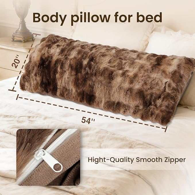 ZonLi Fluffy Body Pillow for Adults, Fuzzy Faux Fur Long Pillow with Shredded Memory Foam, Adjustable Support for Side Sleepers, Gifts, 20 x 54 Inch, Brown