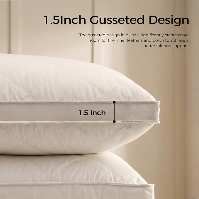 puredown® Goose Feathers and Down Pillows, 100% Organic Cotton Cover, Gusseted Pillow for Sleeping Hotel Collection Bed Pillows, Standard, Set of 2