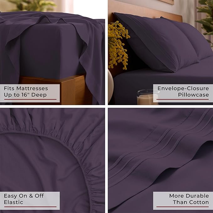 Mellanni Iconic 4-Piece, Ultra Soft Sheet Set (Queen, Purple) | 10M+ Sleepers. Lab-tested: Sleeps Cool, Stays Bright, Strong, Smooth. Good Housekeeping Best Bedding, 7 yrs running.