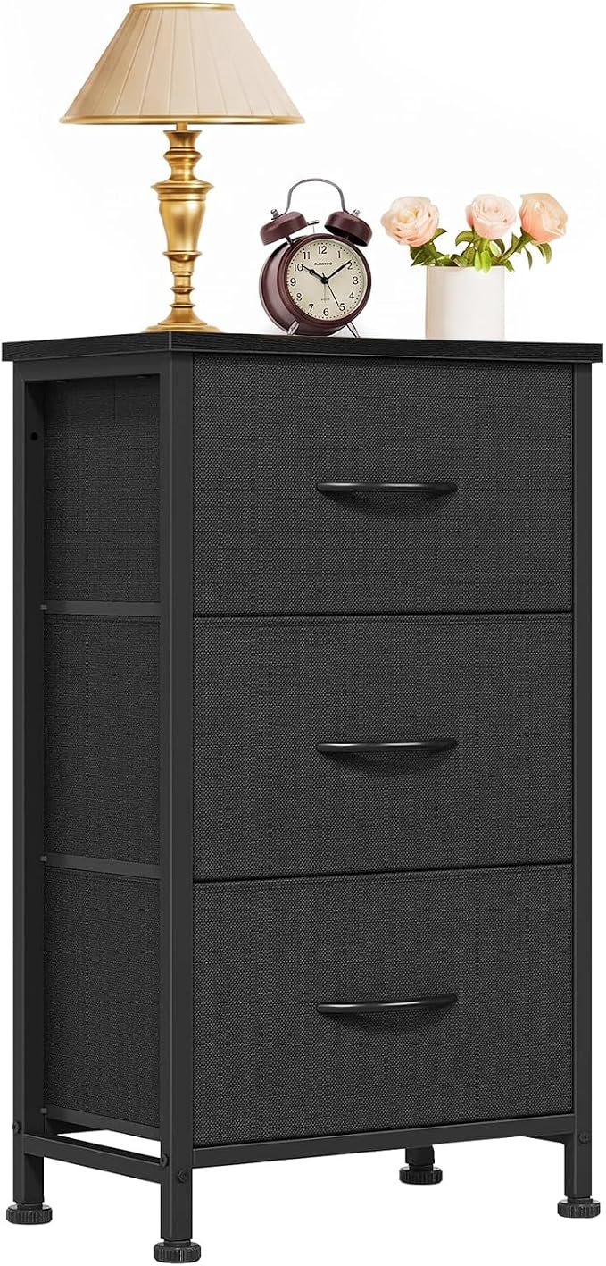 3 Drawers Dresser for Bedroom Fabric Storage Tower with Wooden Top | Steel Frame Chest of Drawers for Closet Entryway Dorm and Small Spaces, Black
