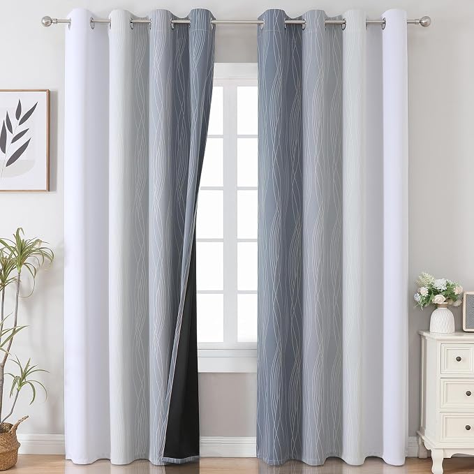 Grey and Greyish White Ombre Blackout Curtains for Living Room 90 Inch Long | Estelar Textiler Gray Light Blocking Bedroom Curtains,Room Darkening Thermal Insulated Grommet Window Drapes,52Wx90L,2 Panels