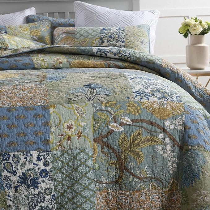 Wistown Cotton Bedspread Bedding Coverlet Quilt Sets, Reversible Vintage Branch Floral Bedspread comforters, (Rustic Sage Green Patchwork Pattern, Queen Size)