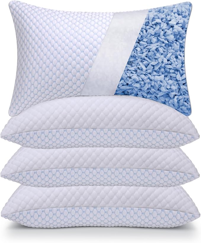 OSBED Shredded Memory Foam Pillows Queen Size Set of 4 | Neck pain relief, supportive, odorless, cooling pillow, adjustable, washable, CertiPUR-US hypoallergenic adult pillow