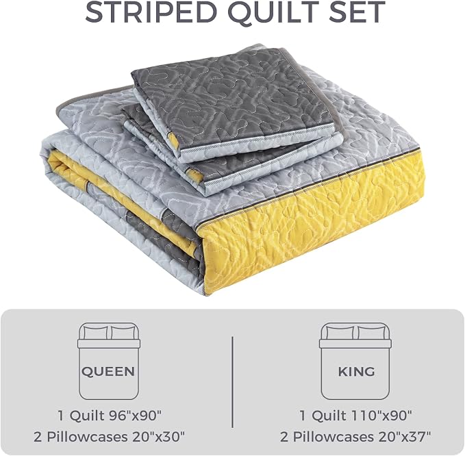 Cottolester Boho King Size Quilt Set,Yellow Grey Striped Bedsperad Coverlet | Lightweight Coverlet Set with 2 PillowShams,All Seasons Microfiber Quilt Bedding Sets for Bedroom Guest Room 110"x90"