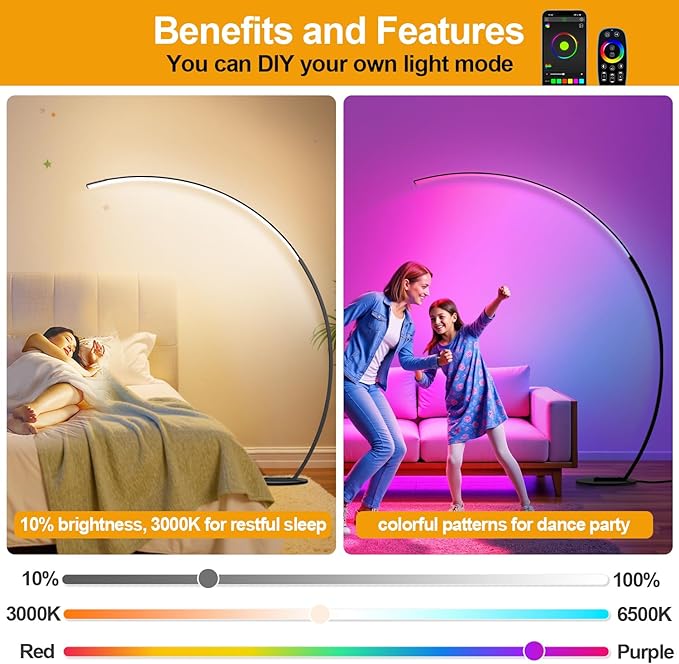 RGB Dimmable Arc Floor Lamps with 3 Color Temperatures, Ultra Bright 1800LM LED Floor Lamps for Living Room, Modern Standing Tall Lamp with Remote Control, Reading Floor Lamp for Bedroom Office