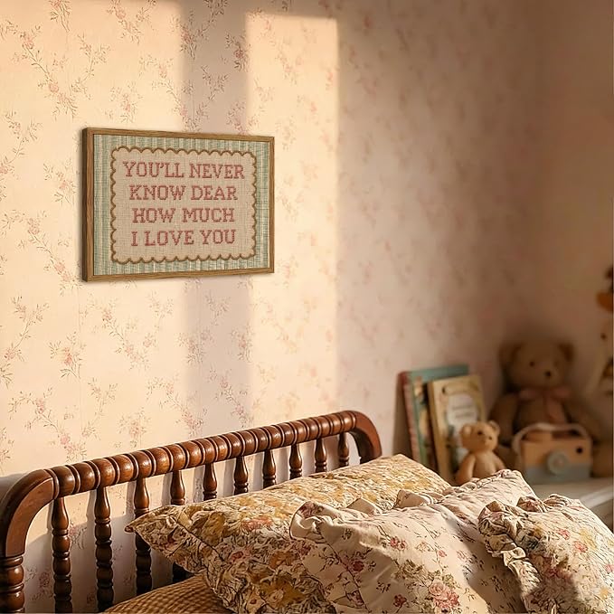 Framed You'll Never Know Dear How Much I Love You Wall Art, Vintage Nursery Pink Green Striped Pictures Wall Decor, Inspirational Quote Paintings Canvas Prints for Girl Bedroom Living Room 16x24 inch