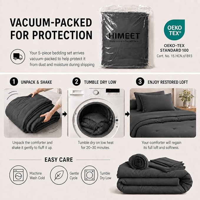 HIMEET Twin Comforter Sets, 5-Piece Point-Quilted Bed in a Bag, Dark Grey | OEKO-TEX Certified, Lightweight 240 GSM Comforter, Flat Sheet, 14-Inch Deep-Pocket Fitted Sheet, Pillowcase & Sham